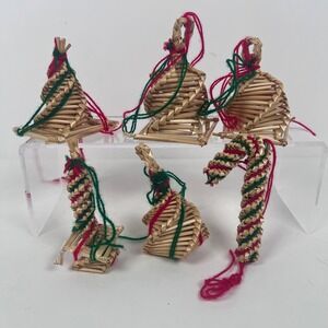 Set of 6 Handcrafted Straw Ornaments Christmas Tree Candy Cane Bell